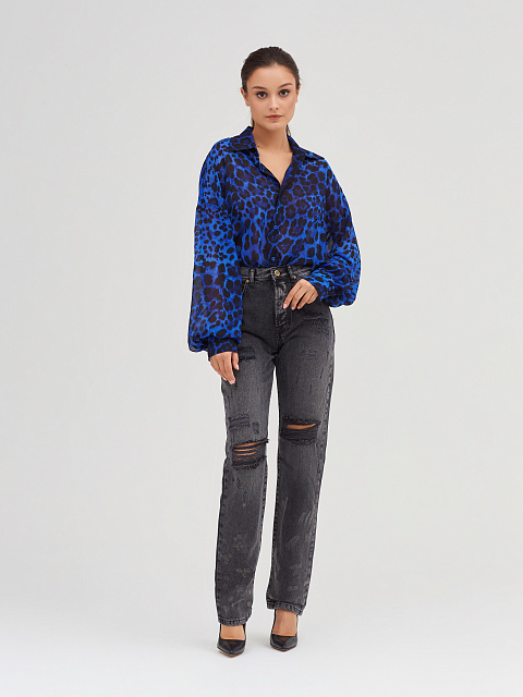Blue Leopard Chiffon Shirt, 2 Blue Leopard Chiffon Shirt, 2