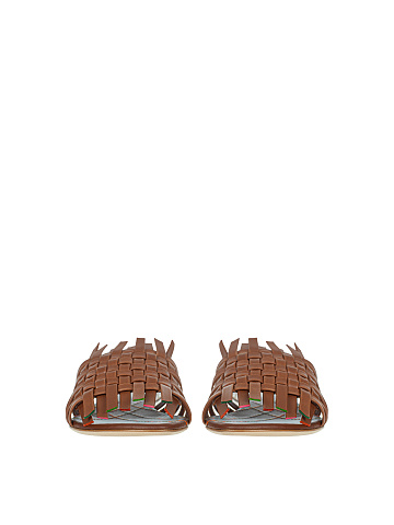 Brown Leather Woven Mules, 2