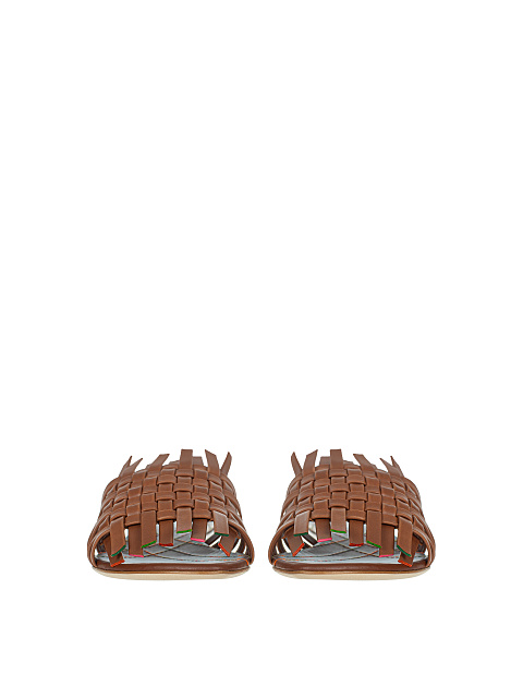 Brown Leather Woven Mules, 2