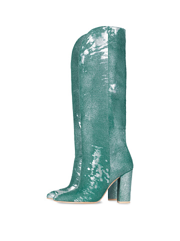 Silver & Turquiose Pony Fur Heeled Tall Boots, 1