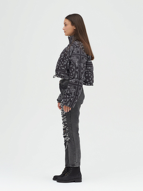 Black cropped down jacket with paisley pattern, 13 Black cropped down jacket with paisley pattern, 13