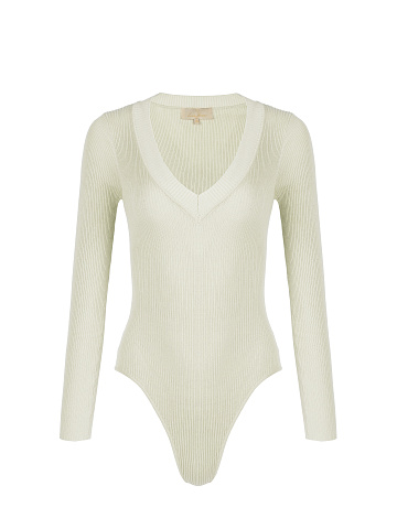 Eggshell Ribbed Cotton V-Neck Bodysuit, 1