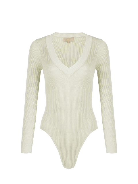 Eggshell Ribbed Cotton V-Neck Bodysuit, 1 Eggshell Ribbed Cotton V-Neck Bodysuit, 1