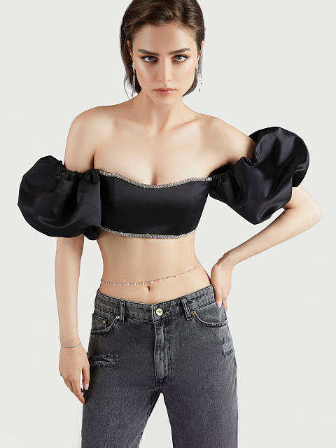 Black Rhinestones Trimmed Satin Top, 6 Black Rhinestones Trimmed Satin Top, 6