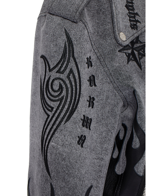 Grey Leather Trim Denim Biker Jacket, 3 Grey Leather Trim Denim Biker Jacket, 3