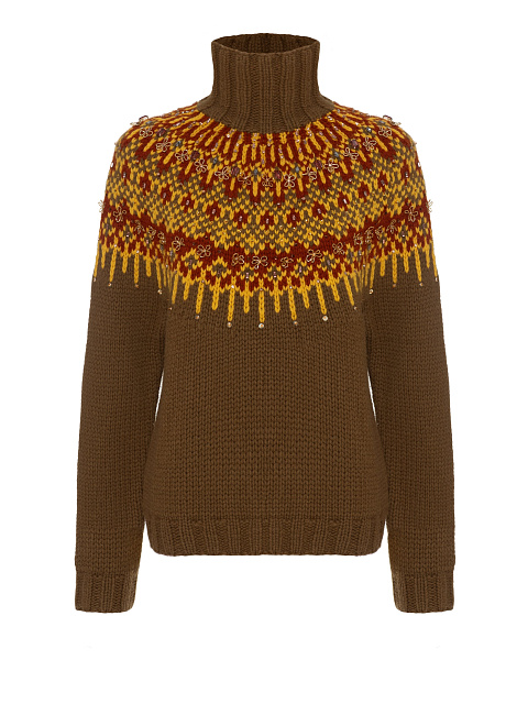 Khaki Cashmere Sweater With Pattern And Embroidery, 1