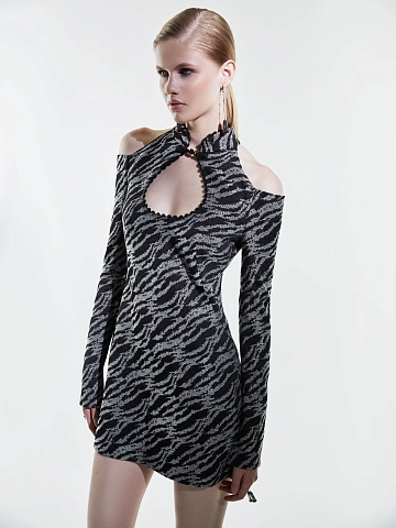 Black Open Shoulders Jacquard Mini Dress, 2