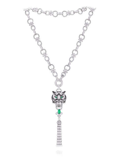 Necklace with a pendant in white gold with emeralds and diamonds, 2