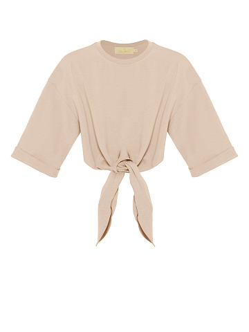 Light beige cropped T-shirt with a knot, 1