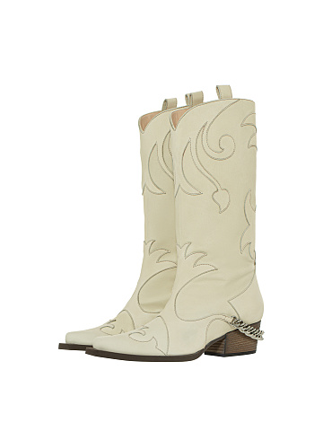 White Leather Embroidered Cowboy Boots, 1
