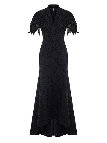 Black Jacquard Maxi Dress With Feathers, 1