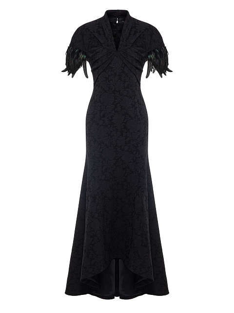 Black Jacquard Maxi Dress With Feathers, 1 Black Jacquard Maxi Dress With Feathers, 1