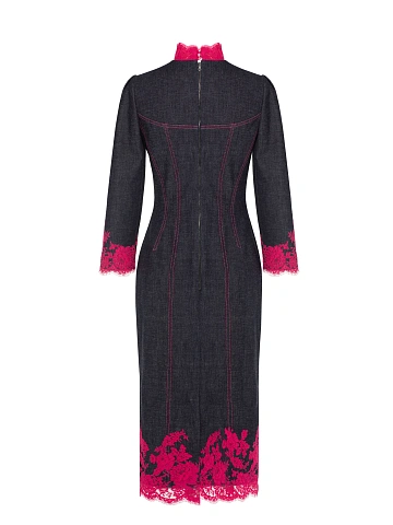 Black Pink Lace Trim Denim Midi Dress, 2