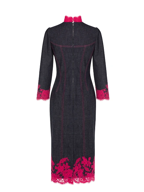 Black Pink Lace Trim Denim Midi Dress, 2 Black Pink Lace Trim Denim Midi Dress, 2