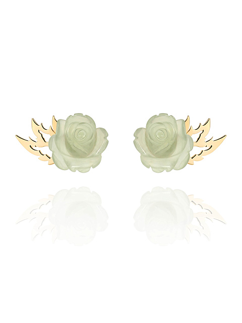Yellow gold stud earrings with roses carved from green chalcedony, 1