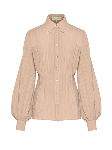 Beige Cotton Blouse With Puff Sleeves, 1