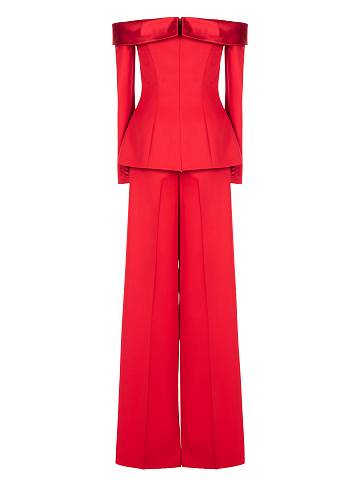 Red Wool Open Shoulders Pantsuit, 2