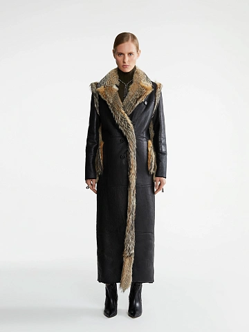 Fox Fur Trimmed Black Shearling Coat, 2