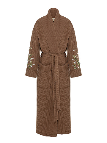 Brown Knitted Cashmere Coat With Lily Of The Valley Embroidery, 1