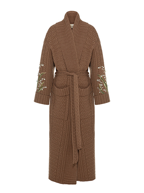 Brown Knitted Cashmere Coat With Lily Of The Valley Embroidery, 1