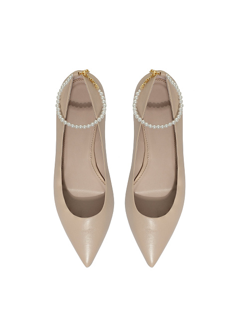 Beige Leather Ballerinas With Pointed Toe And Pearls, 4