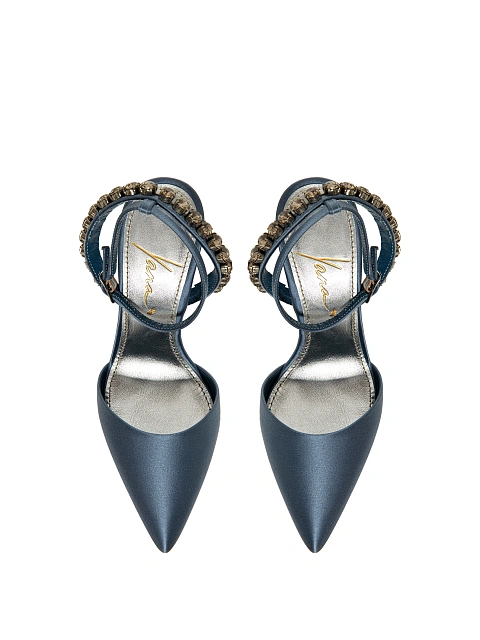 Graphite satin pumps with pointed toe and rhinestones, 4