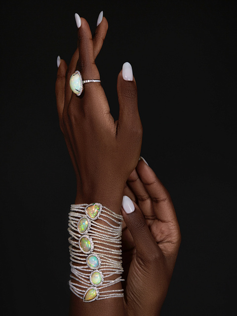 White Gold, Diamonds, Opals & Tsavorites Wide Bracelet, 3