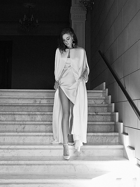 Crystals Trimmed White Silk Maxi Cape, 3 Crystals Trimmed White Silk Maxi Cape, 3