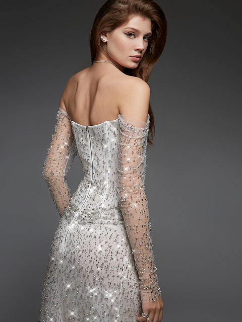 Swarovski Crystals Embellished White Mesh Corset Dress, 9 Swarovski Crystals Embellished White Mesh Corset Dress, 9
