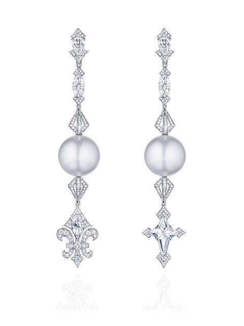 Pear Diamond & Marquise Diamond & White Pearl & White Gold Earrings, 1