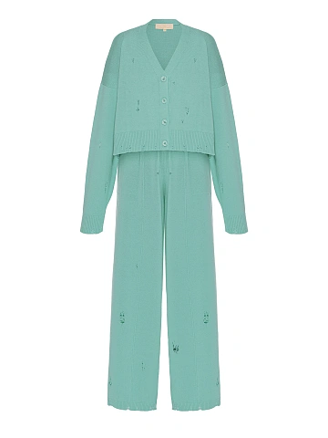 Turquoise Knitted Cardigan, Top & Pants Set, 2