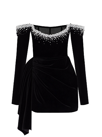 Black Asymmetric Drape Velvel Mini Dress, 1