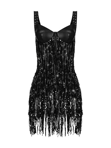 Black Sequined Leather Mini Dress, 1