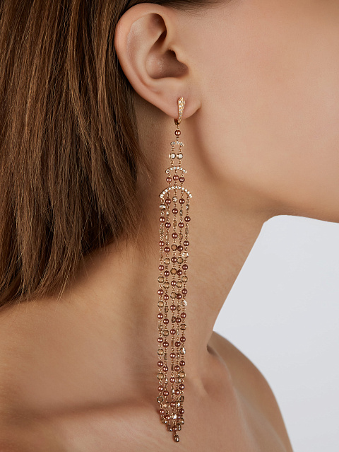 Brown Rose Cut, Briolette, Round Diamonds & Brown Pearl & Rose Gold Earrings, 2