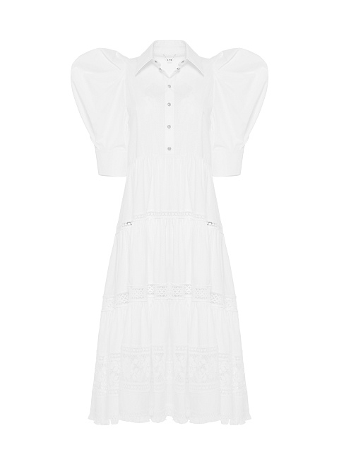 White Lace Trim Lantern Sleeve Midi Dress, 1 White Lace Trim Lantern Sleeve Midi Dress, 1