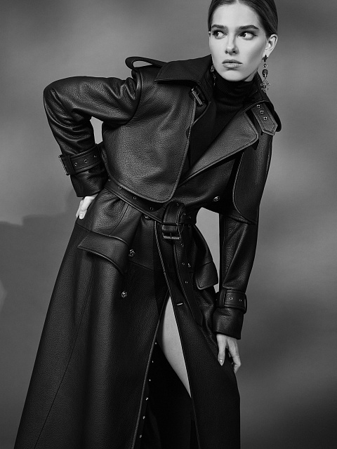 Black Leather Double-Breasted Coat, 6