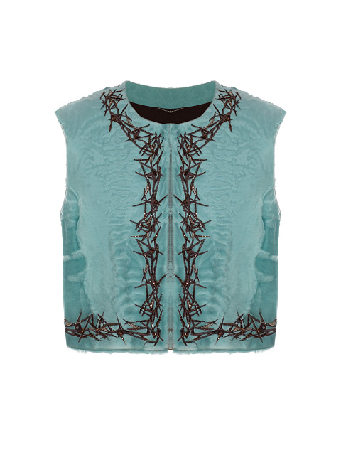 Turquiose Embroidered Fur Vest, 1 Turquiose Embroidered Fur Vest, 1