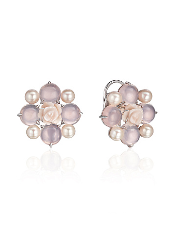 Pink Mother of Pearl, Cabochon Pose Quartz, Bead Pearl & White Gold Earrings, 1
