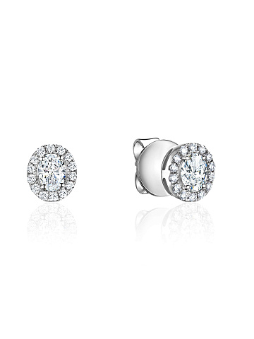 White gold stud earrings with oval and round diamonds, 1