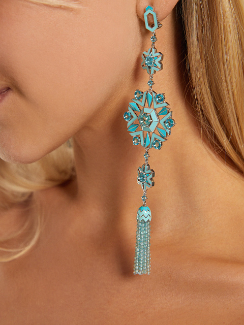 Long silver earrings with turquoise enamel and apatites, 2