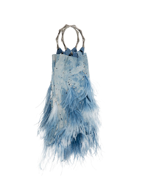 Blue Denim Tie-Dye Pouch Bag with Feathers, 2