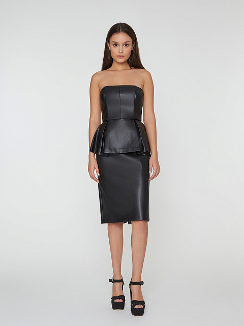 Black Faux Leather Peplum Midi Dress, 7