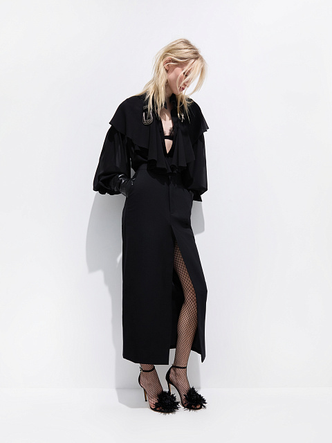 Black chiffon blouse with ruffles and ribbon, 3