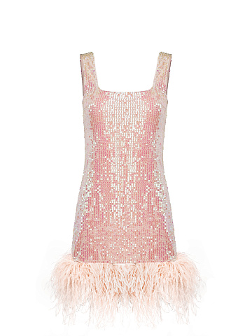 Pink Sequined Feather-Trimmed Mini Dress, 1