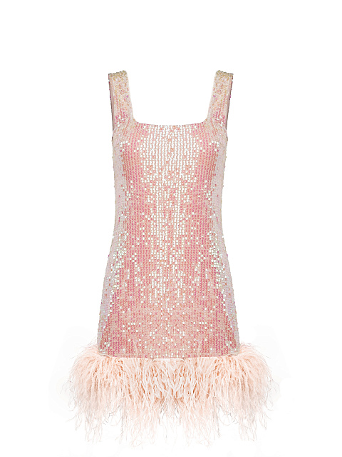 Pink Sequined Feather-Trimmed Mini Dress, 1 Pink Sequined Feather-Trimmed Mini Dress, 1
