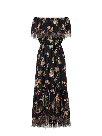 Black silk midi dress with floral print, 1