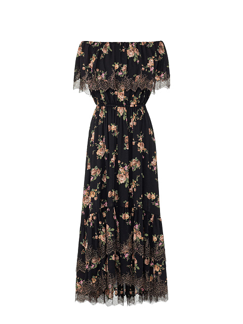 Black silk midi dress with floral print, 1 Black silk midi dress with floral print, 1