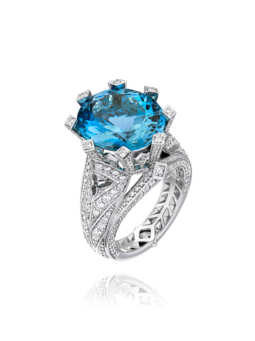 Aquamarine; Princess Diamond, Round Diamond & White Gold Ring, 1