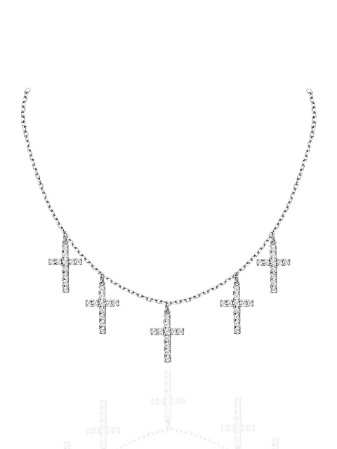 Silver & Cubic Zirkonia 5 Crosses Necklace, 1