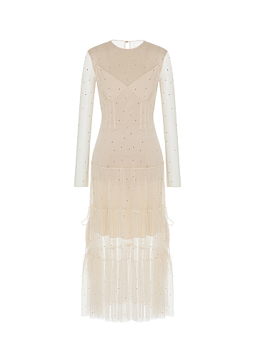 Beige Crystal Mesh Midi Dress, 1